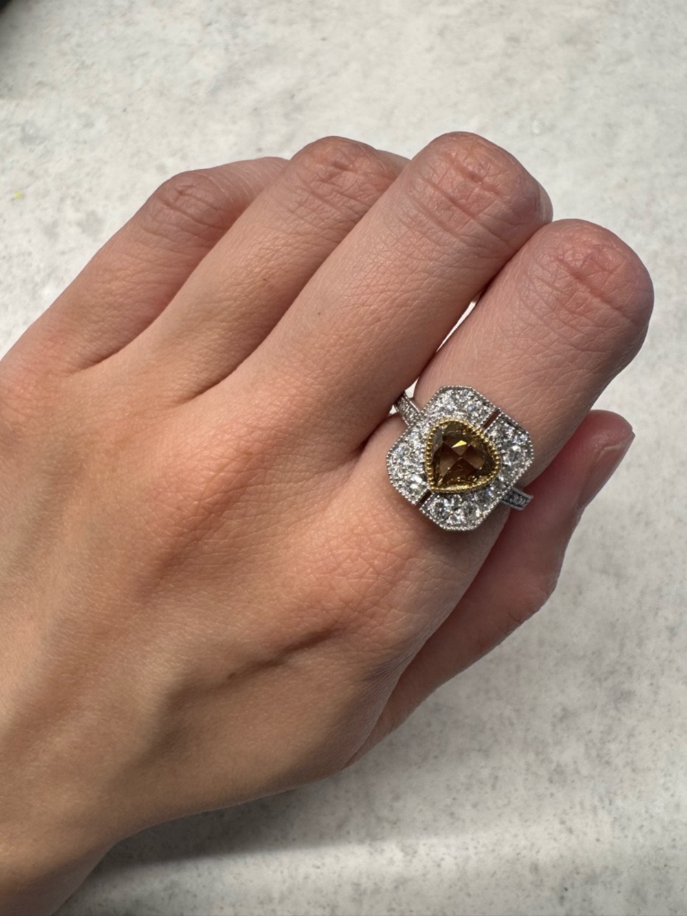 [New] 18k 1.1ct natural champaign diamond fancy brown pear shape rose cut ring